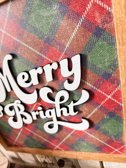 Merry & Bright Vintage Plaid Background Wood Sign
