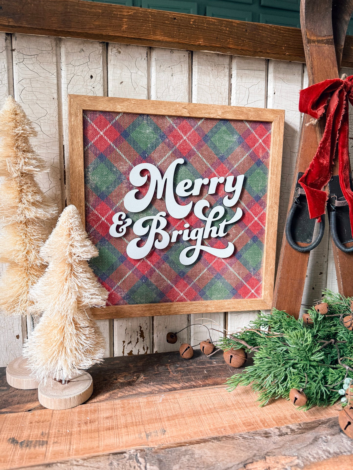 Merry & Bright Vintage Plaid Background Wood Sign