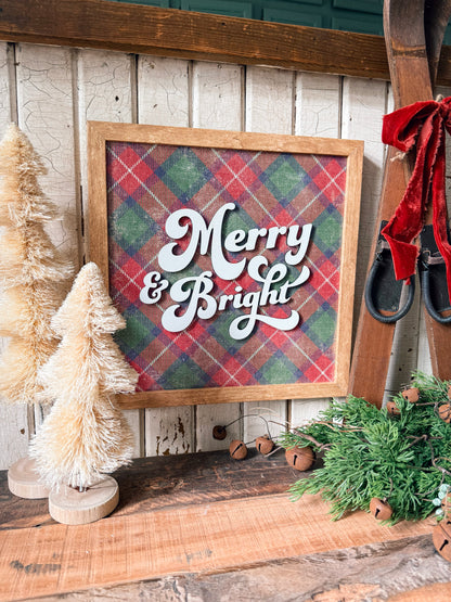 Merry & Bright Vintage Plaid Background Wood Sign