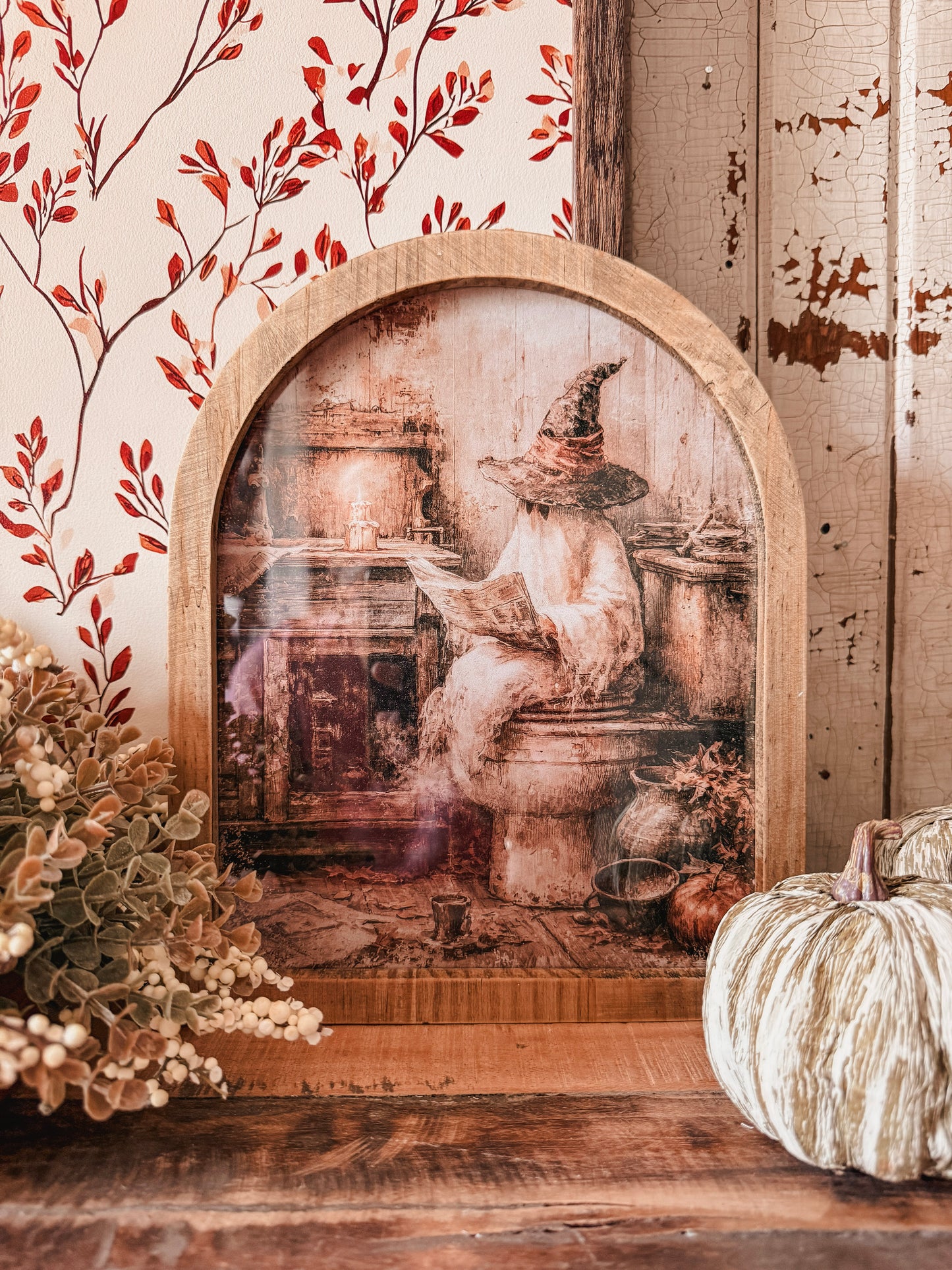 Halloween Ghost Funny Fall Bathroom Sign Framed Arched Print