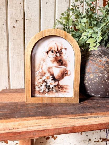 Baby Chick with Glasses & Coffee Cup Framed Arched Print