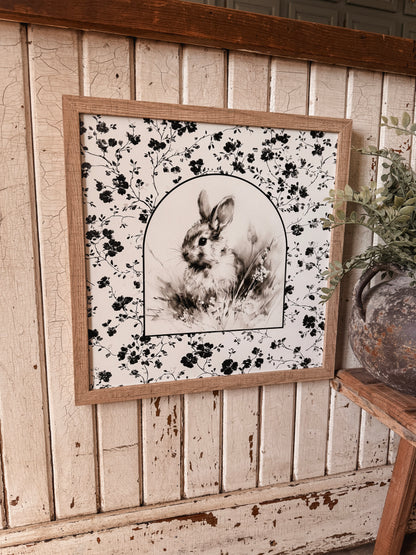 Vintage Rabbit with Black & White Floral Border Wood Sign