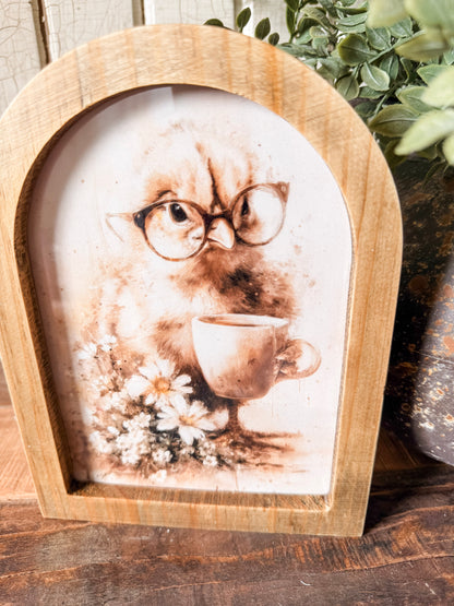 Baby Chick with Glasses & Coffee Cup Framed Arched Print