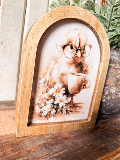 Baby Chick with Glasses & Coffee Cup Framed Arched Print
