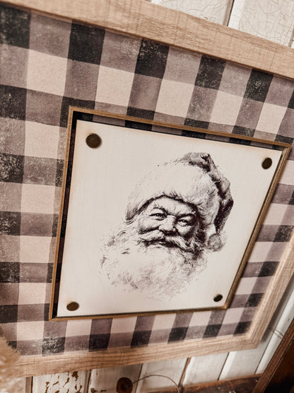 Santa Face on Plaid Background w/ Gold Trim
