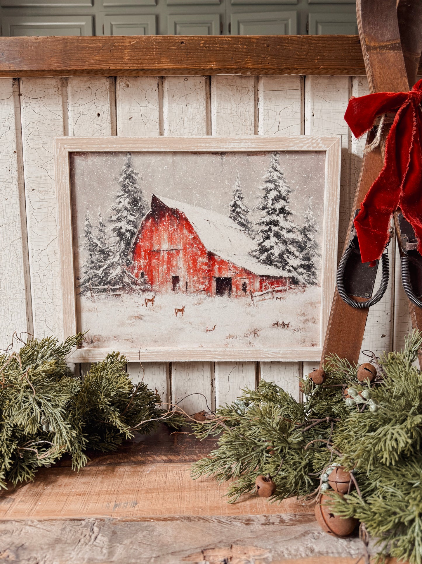 Red Barn in Winter Wood Sign