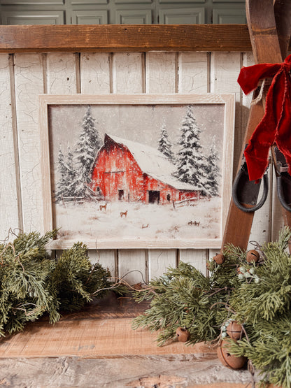 Red Barn in Winter Wood Sign