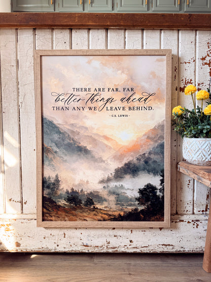 Better Things Ahead Quote with Mountain Landscape Wood Sign