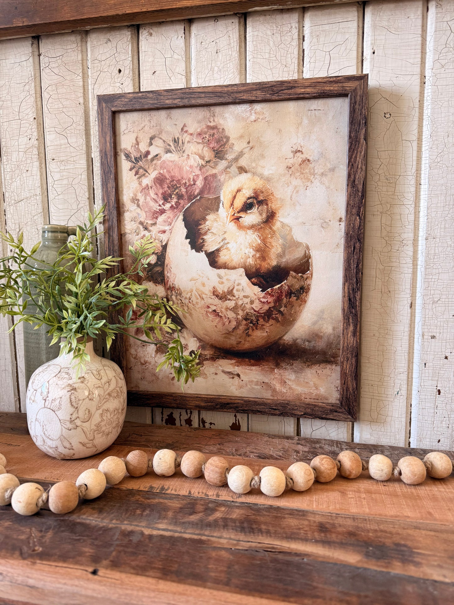 Baby Chick in Vintage Flower Egg Wood Sign