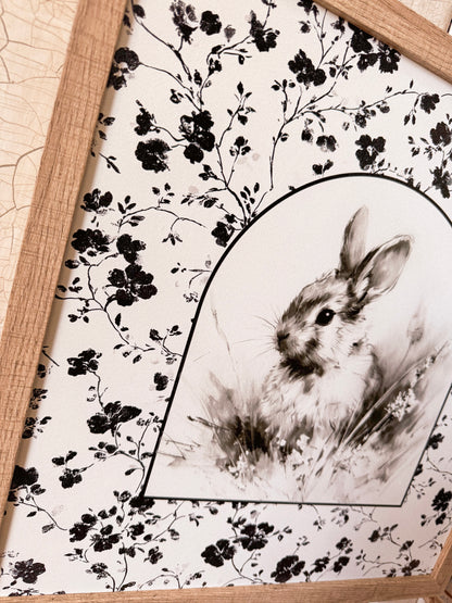 Vintage Rabbit with Black & White Floral Border Wood Sign