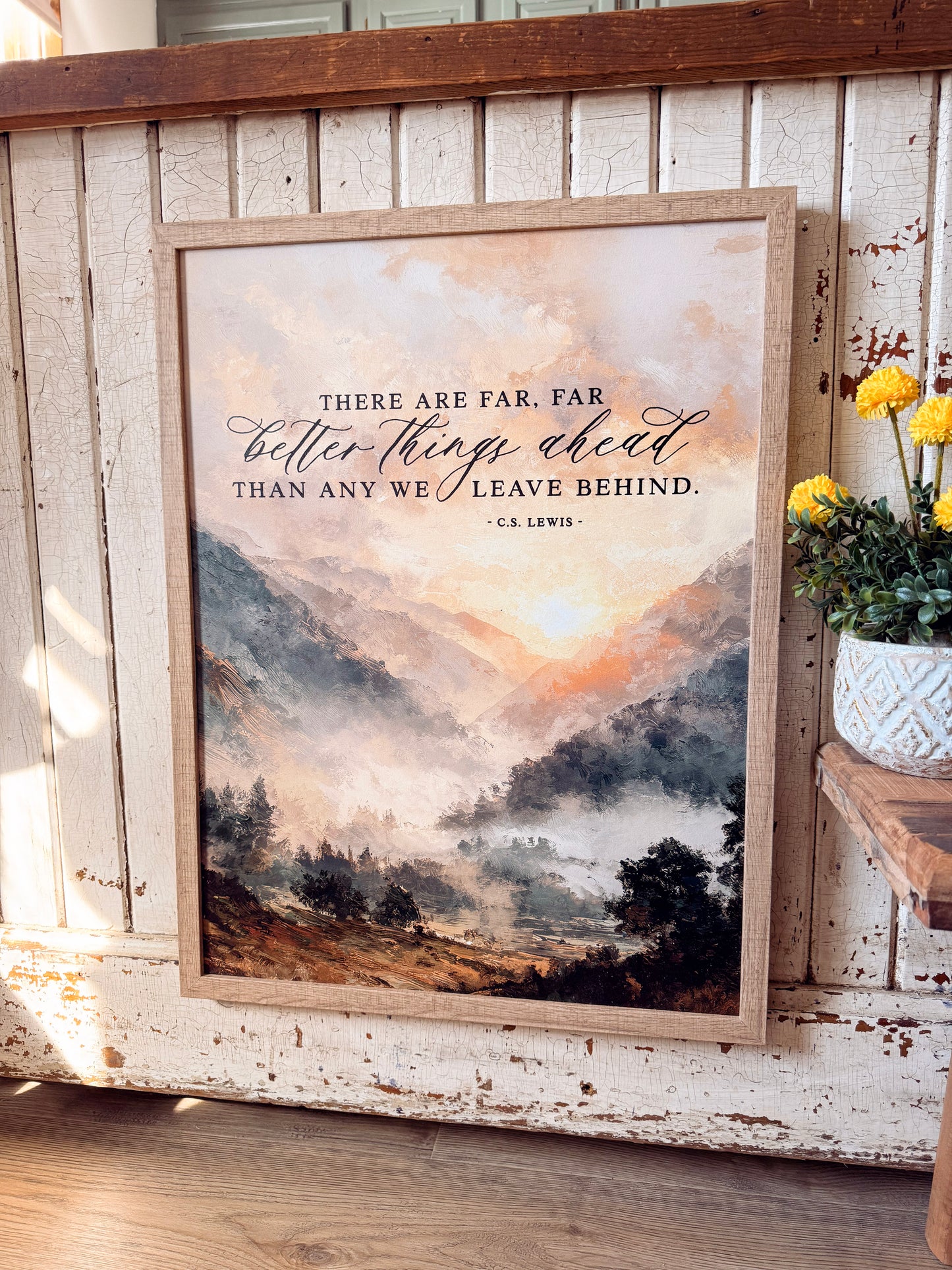 Better Things Ahead Quote with Mountain Landscape Wood Sign