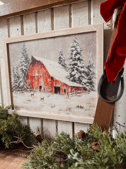 Red Barn in Winter Wood Sign
