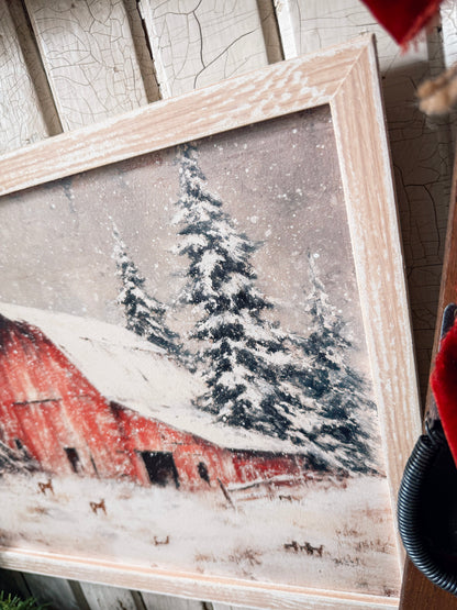Red Barn in Winter Wood Sign