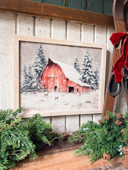Red Barn in Winter Wood Sign