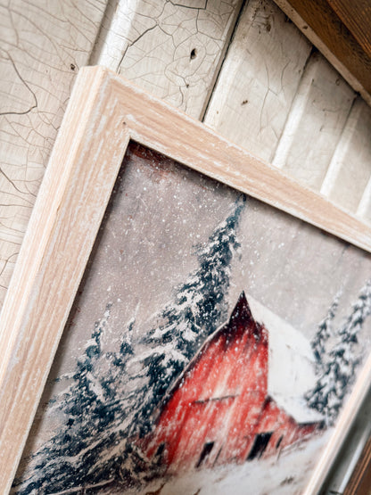 Red Barn in Winter Wood Sign