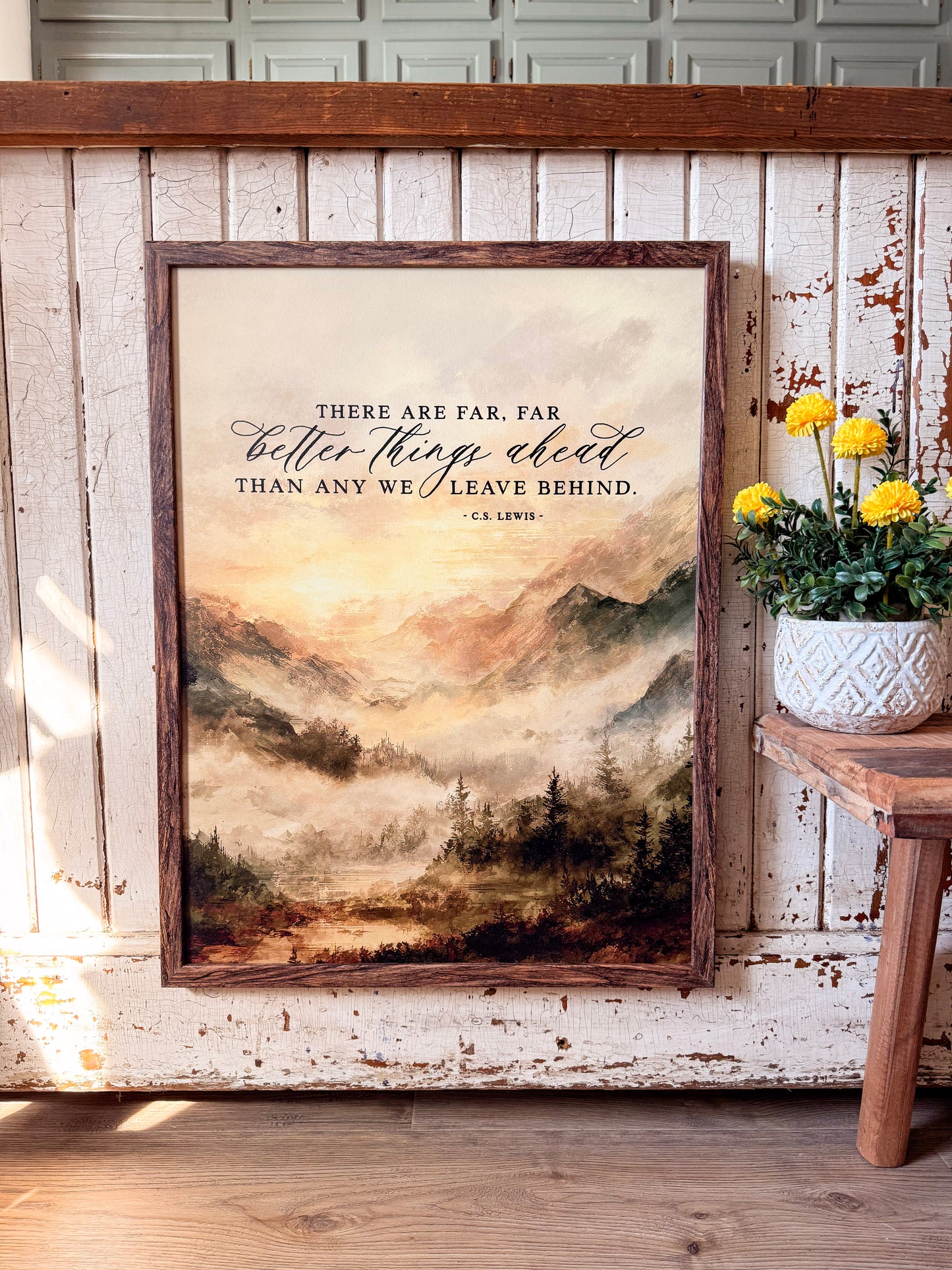 Better Things Ahead Quote with Mountain Landscape Wood Sign