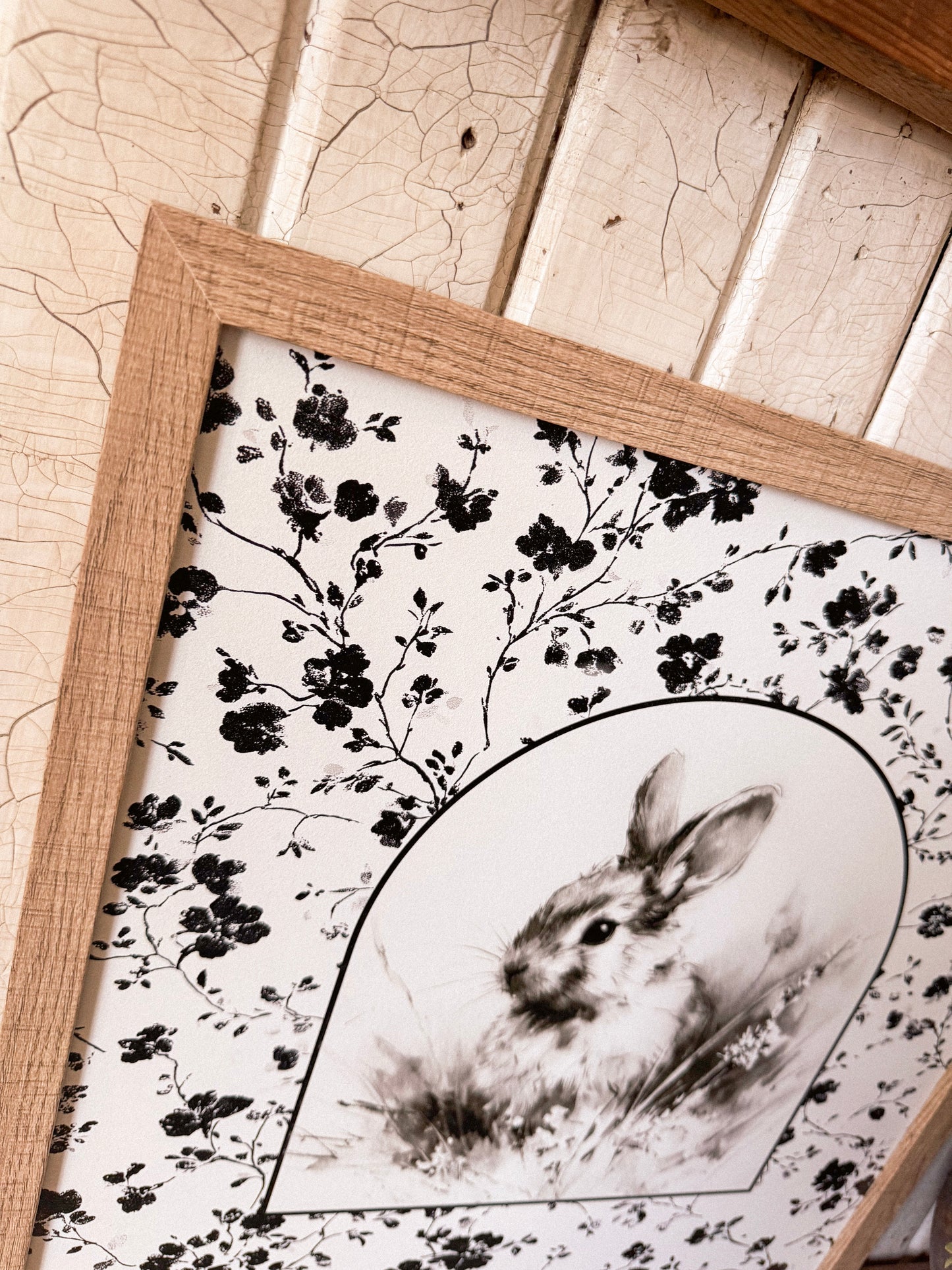 Vintage Rabbit with Black & White Floral Border Wood Sign