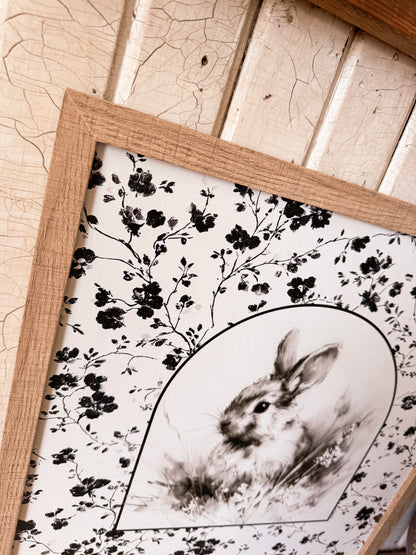 Vintage Rabbit with Black & White Floral Border Wood Sign