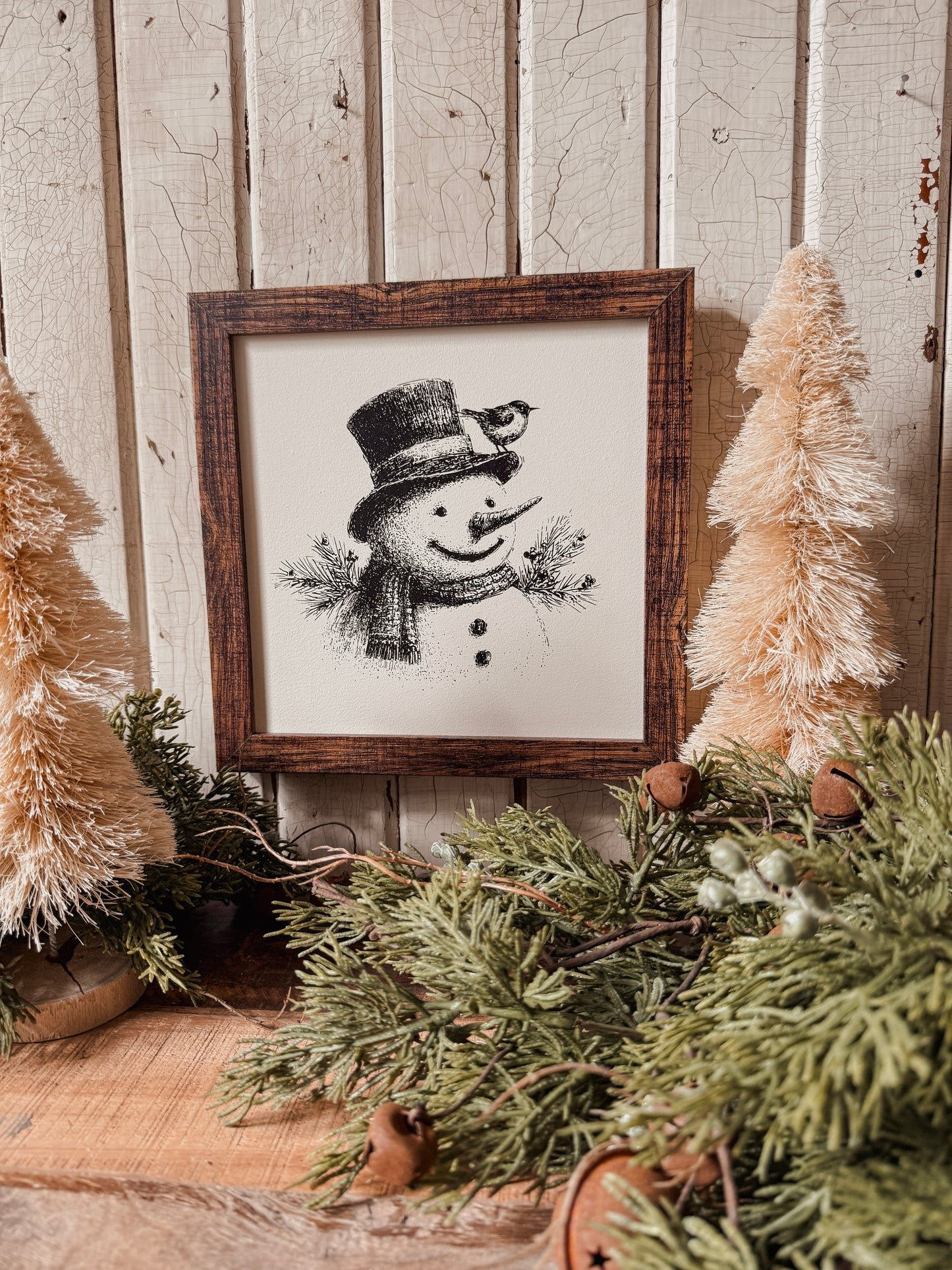 Vintage Black/White Snowman Face Wood Sign
