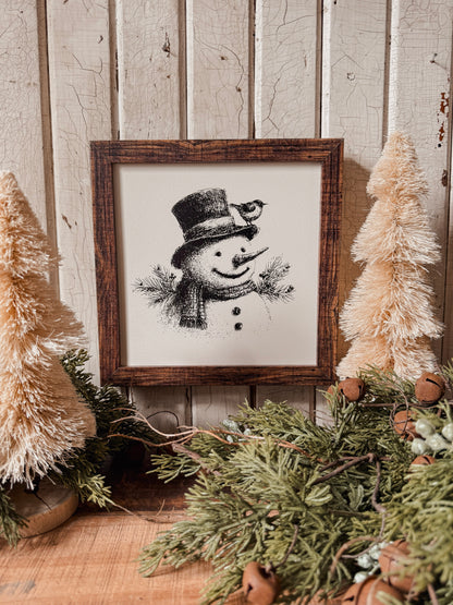 Vintage Black/White Snowman Face Wood Sign