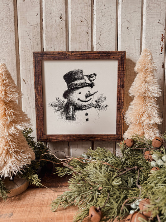 Vintage Black/White Snowman Face Wood Sign