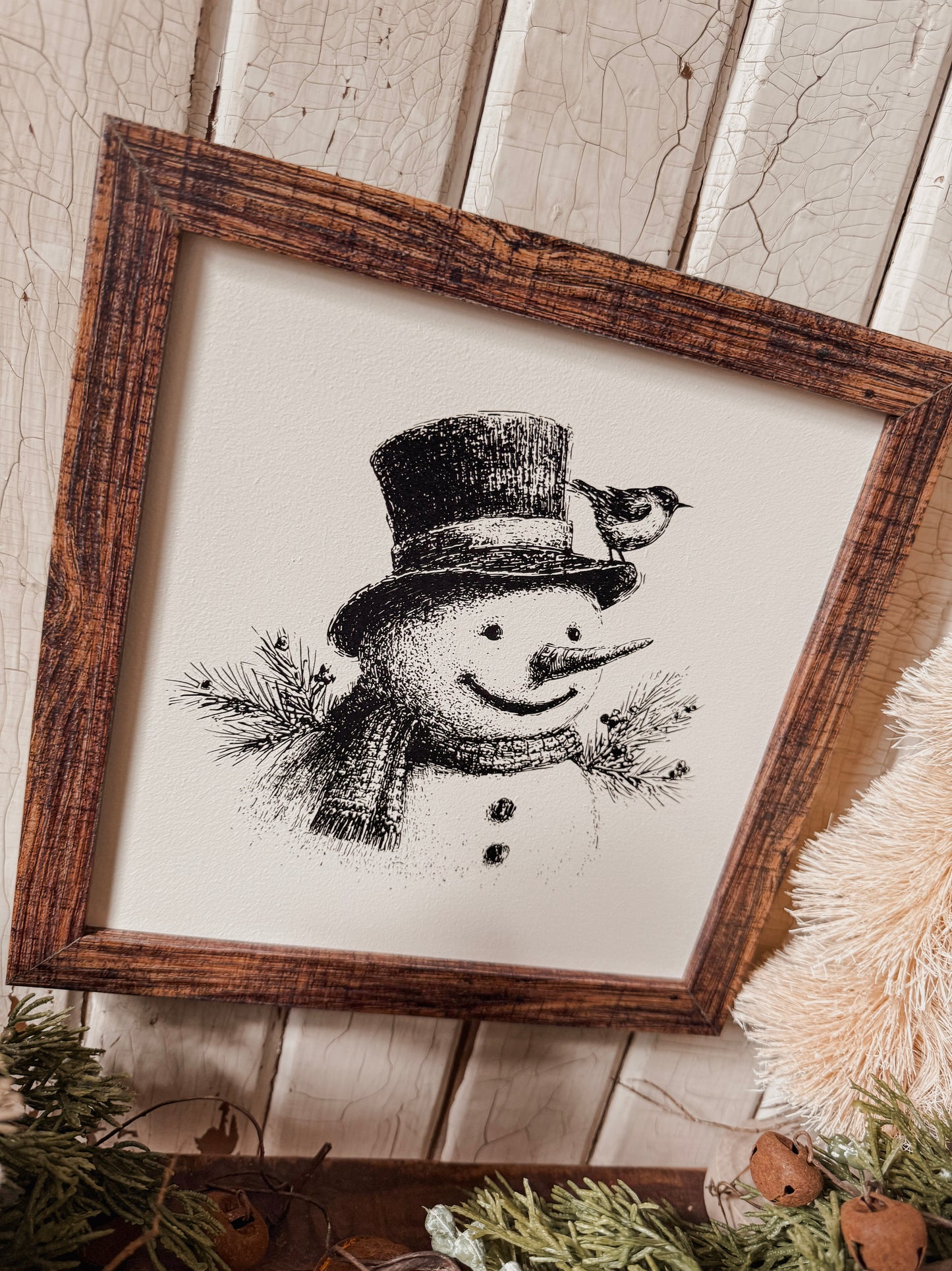 Vintage Black/White Snowman Face Wood Sign