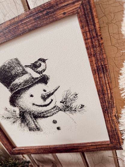 Vintage Black/White Snowman Face Wood Sign