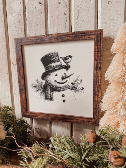 Vintage Black/White Snowman Face Wood Sign