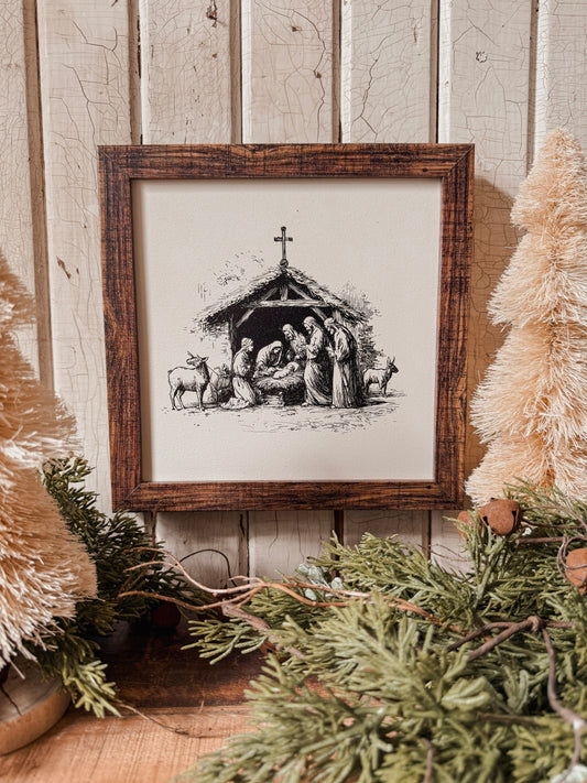 Vintage Black/White Nativity Scene Sign