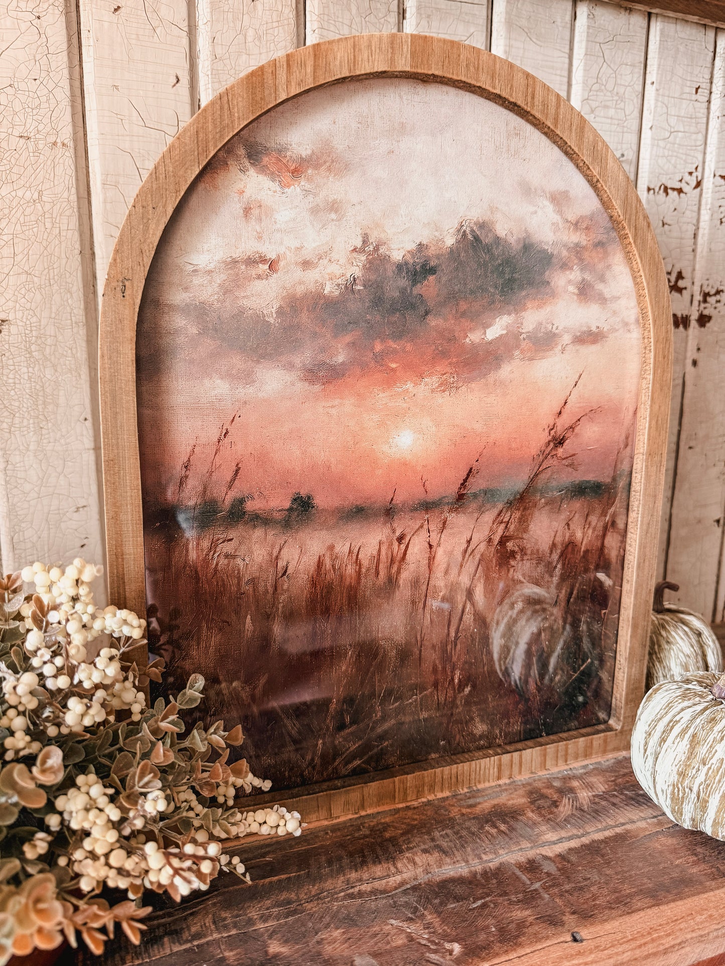 Moody Autumn Cornfield Sunset Framed Arched Print