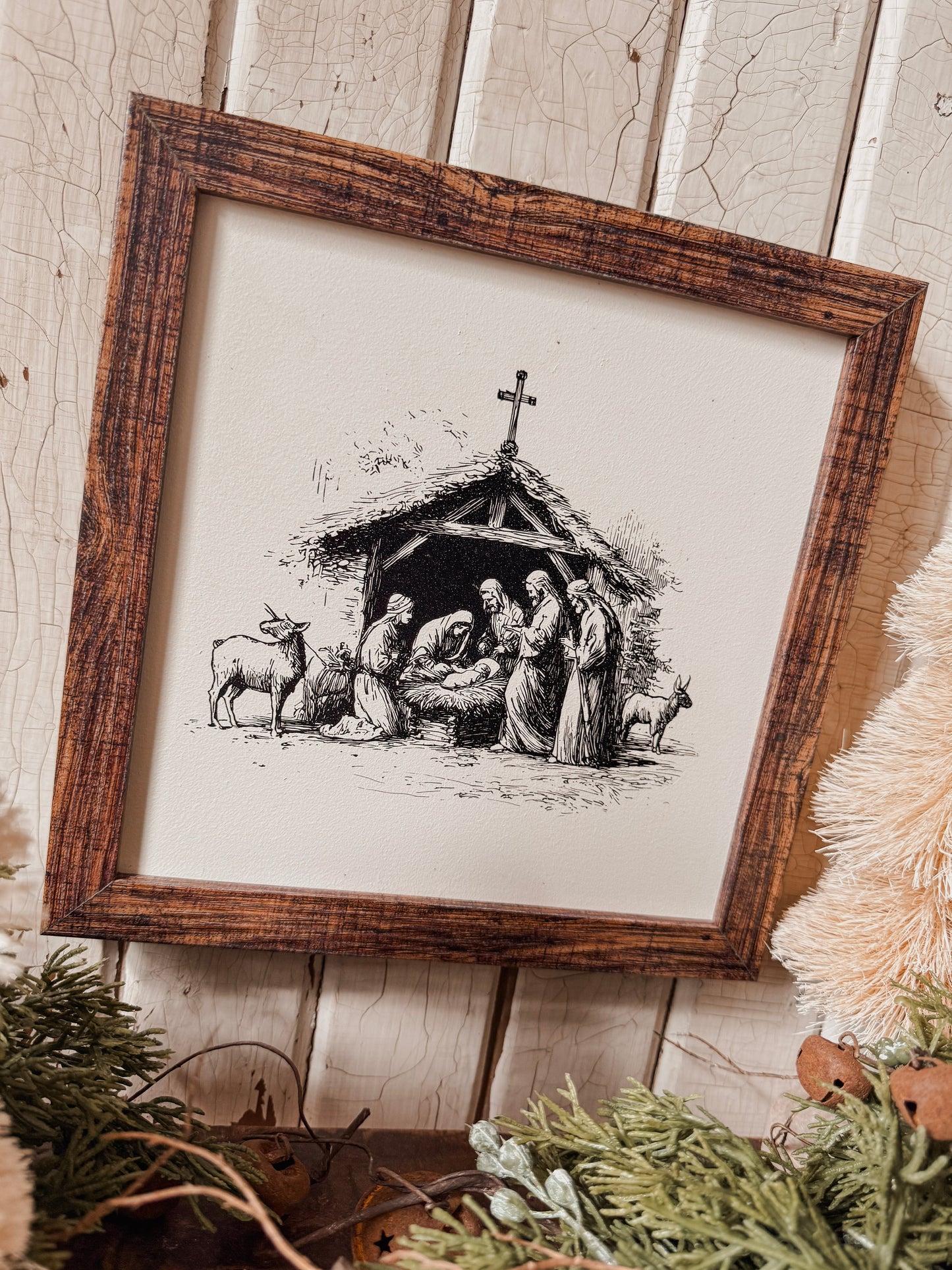 Vintage Black/White Nativity Scene Sign