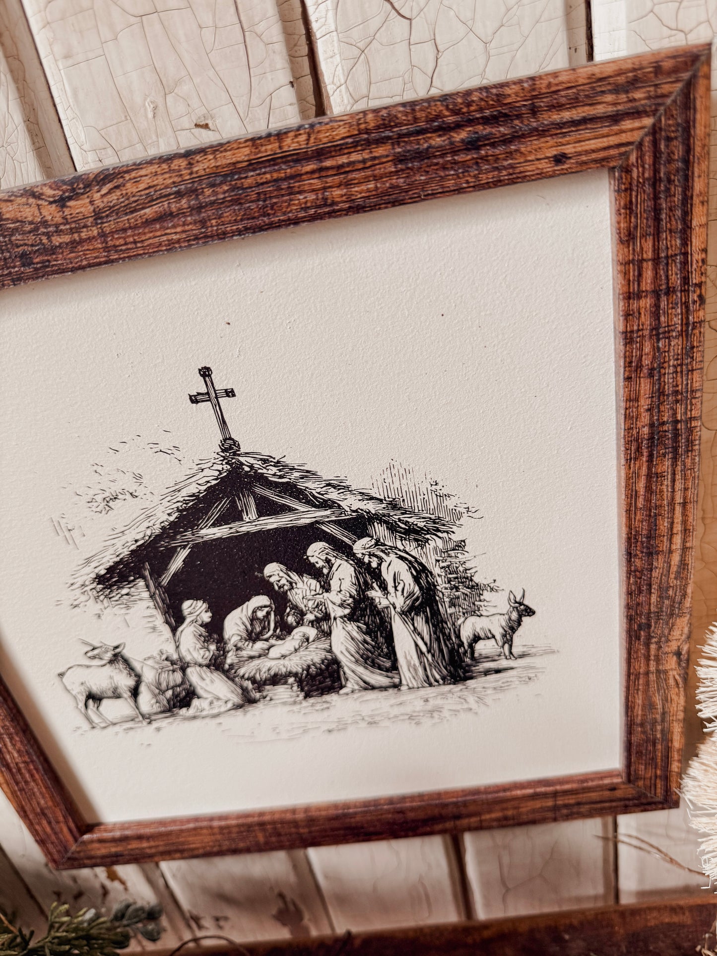 Vintage Black/White Nativity Scene Sign