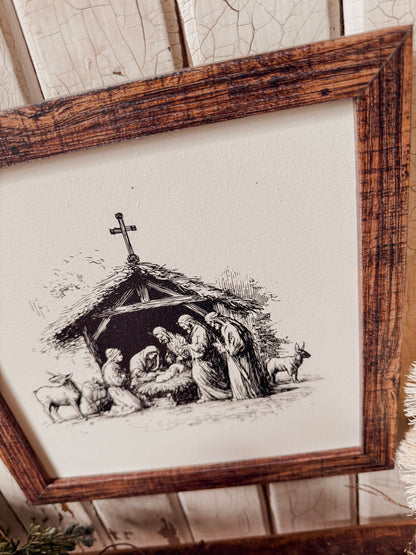 Vintage Black/White Nativity Scene Sign