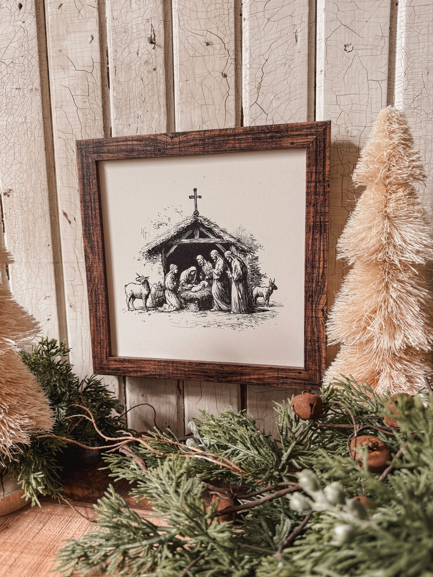 Vintage Black/White Nativity Scene Sign