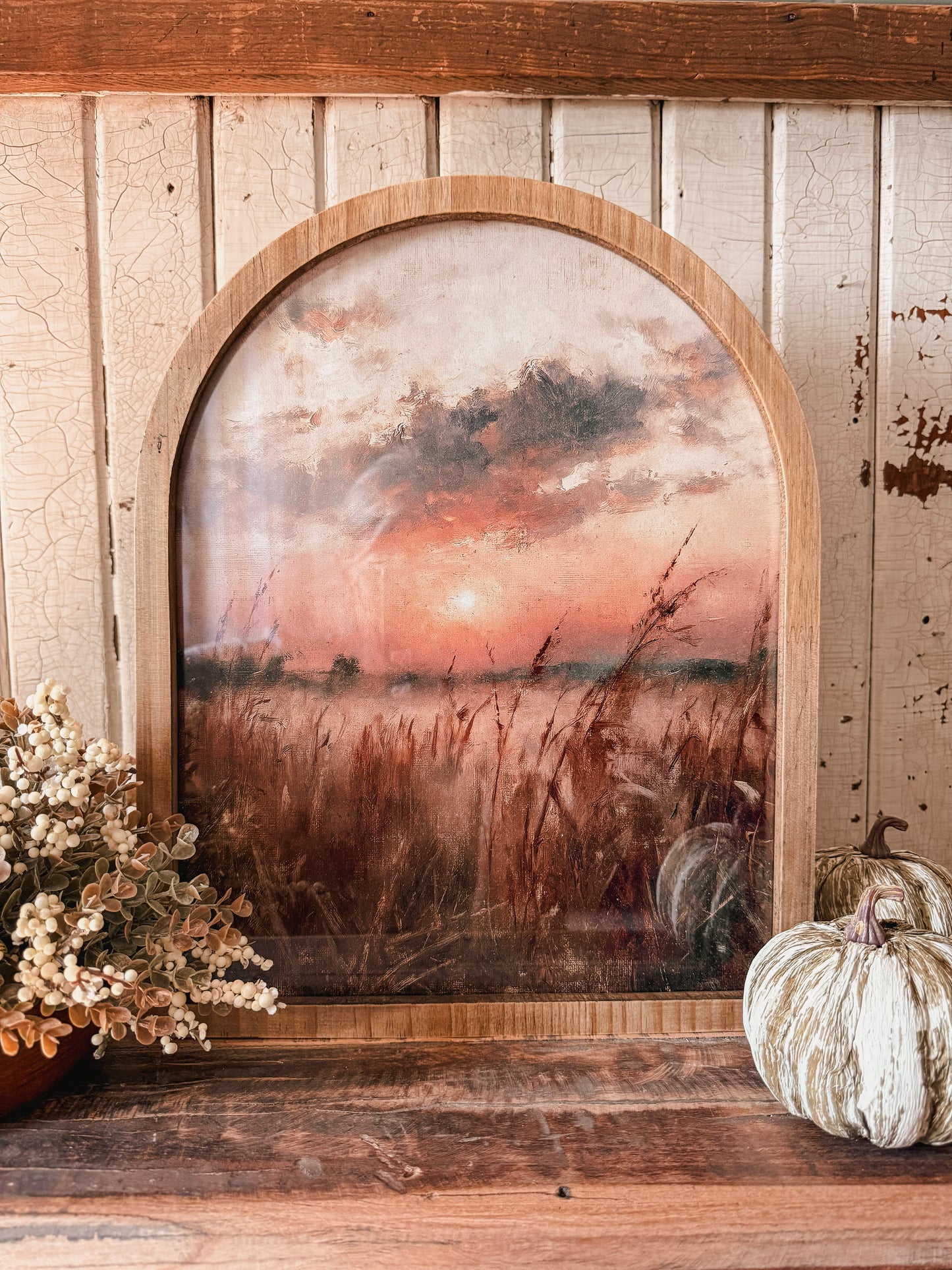 Moody Autumn Cornfield Sunset Framed Arched Print