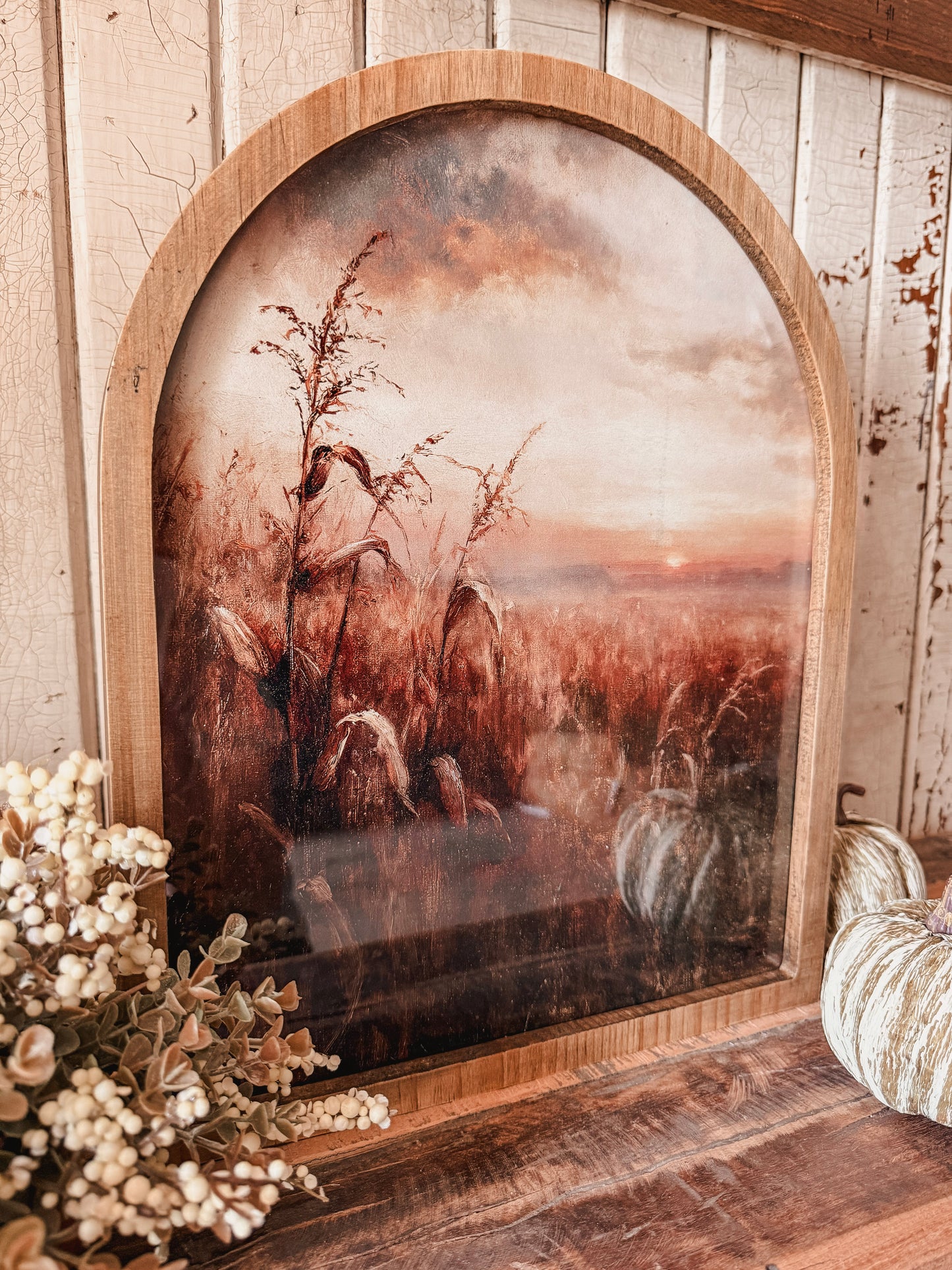 Moody Autumn Cornfield Sunset 2 Framed Arched Print