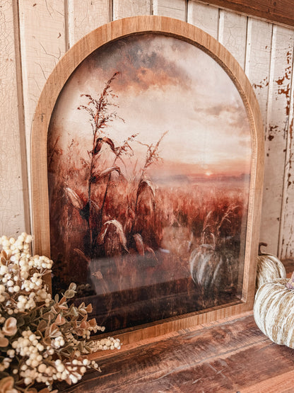 Moody Autumn Cornfield Sunset 2 Framed Arched Print