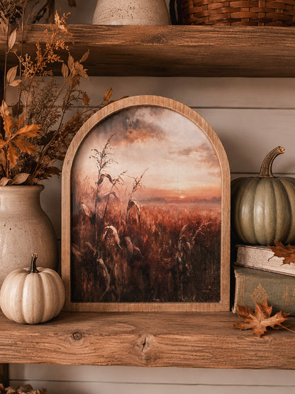 Moody Autumn Cornfield Sunset 2 Framed Arched Print