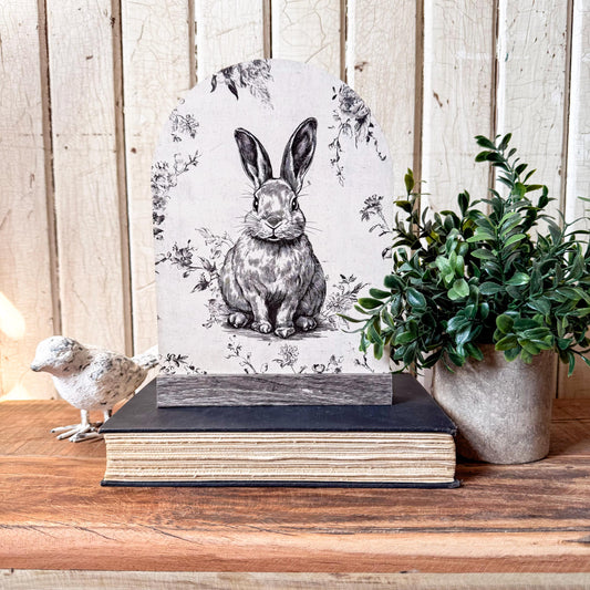Vintage Neutral Rabbit Arched Wood Sign Shelf Sitter