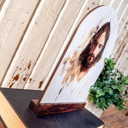 Jesus Face Arched Wood Sign Shelf Sitter