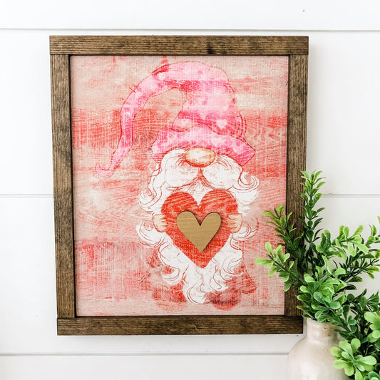 Valentine Gnome with Heart Wood Sign