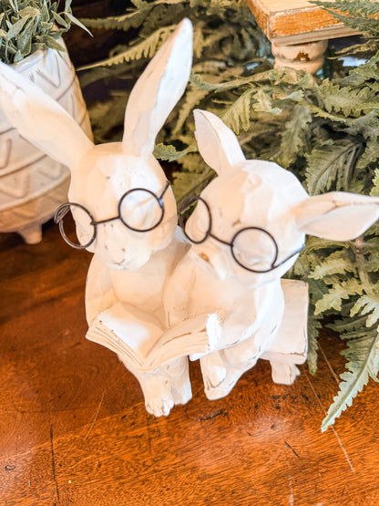 Bunny & Pig with Glasses on Bench