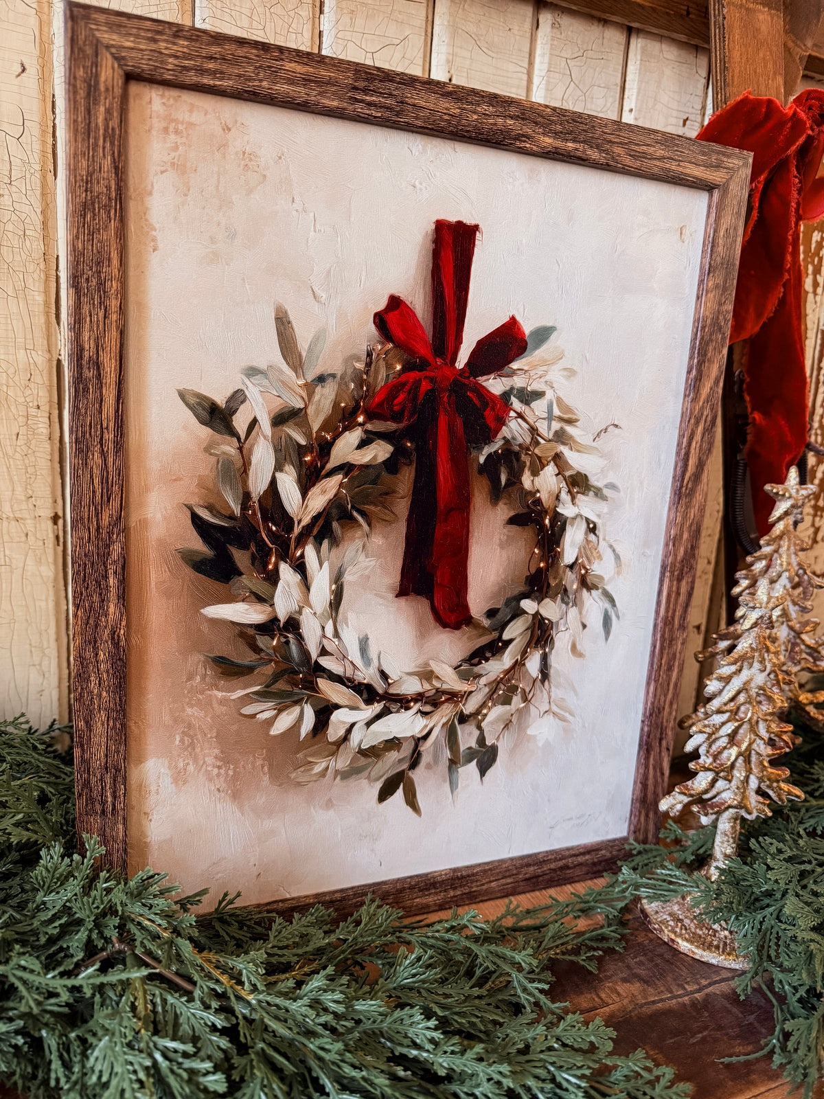 Christmas Wreath with Red Bow Wood Sign