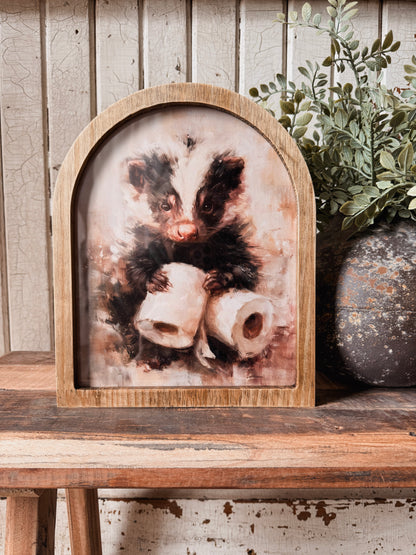 Skunk with Toilet Paper Funny Framed Arched Print