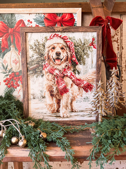 Colorful Golden Retriever Christmas Wood Sign