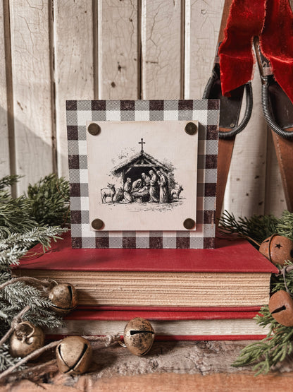 Black/White Nativity Mini Wood Block
