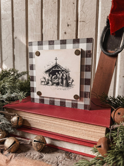 Black/White Nativity Mini Wood Block