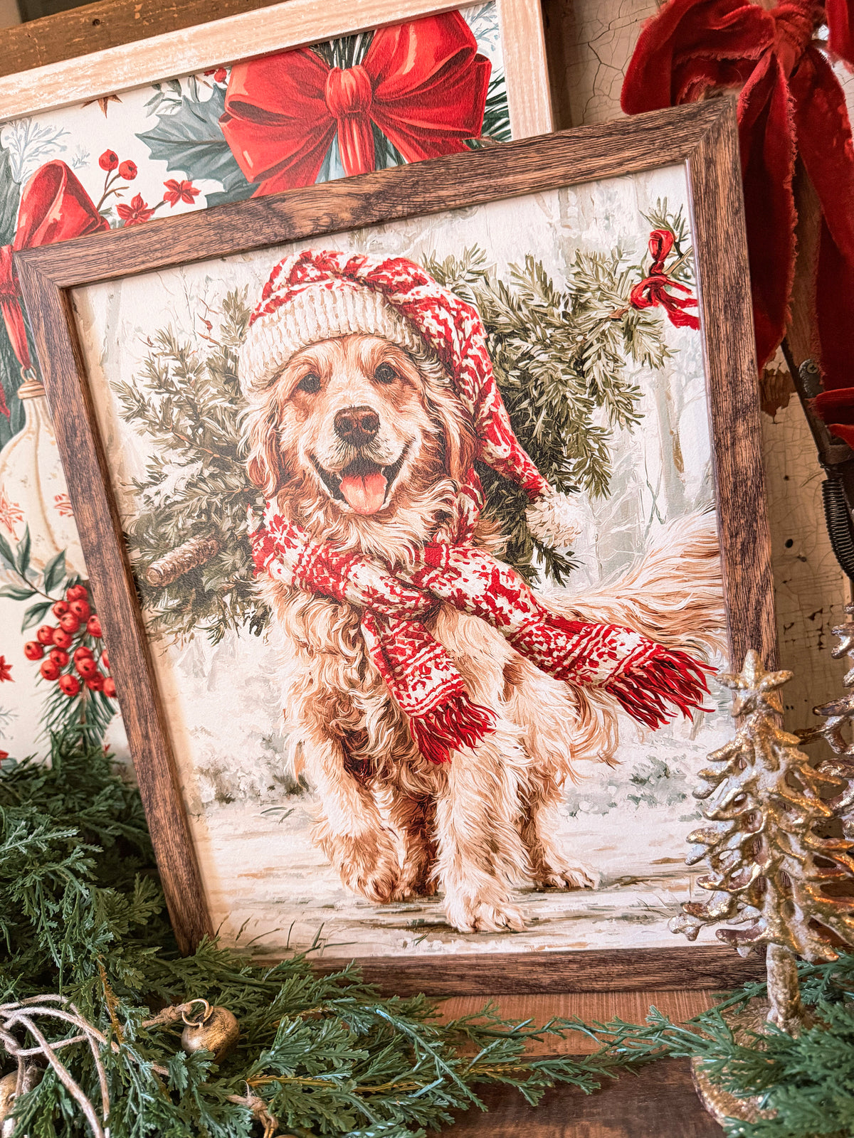 Colorful Golden Retriever Christmas Wood Sign