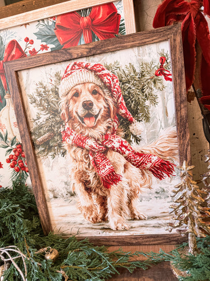 Colorful Golden Retriever Christmas Wood Sign