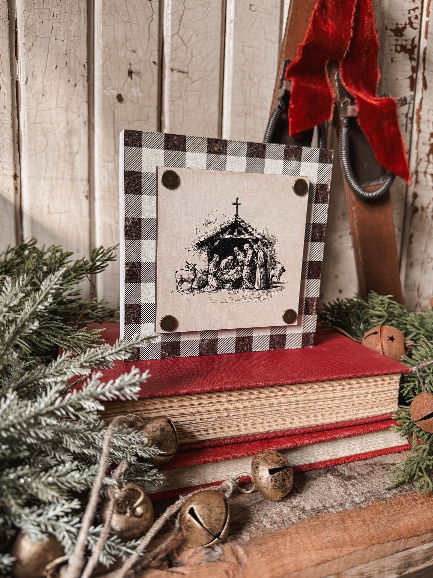 Black/White Nativity Mini Wood Block